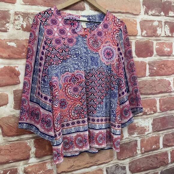 Chicos Top Shirt Womens S Multicolor Boho Floral Mandala Abstract Casual Popover - Picture 2 of 8